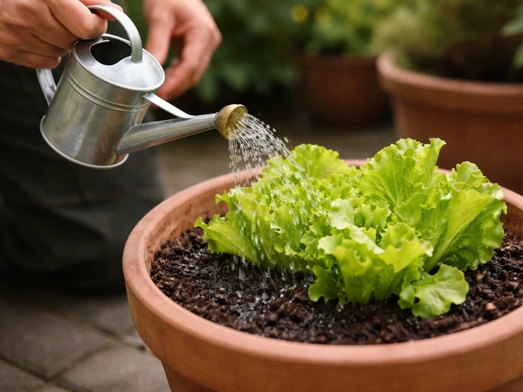 Hands watering container lettuce with a small can; soil looks evenly moist, no pooling.