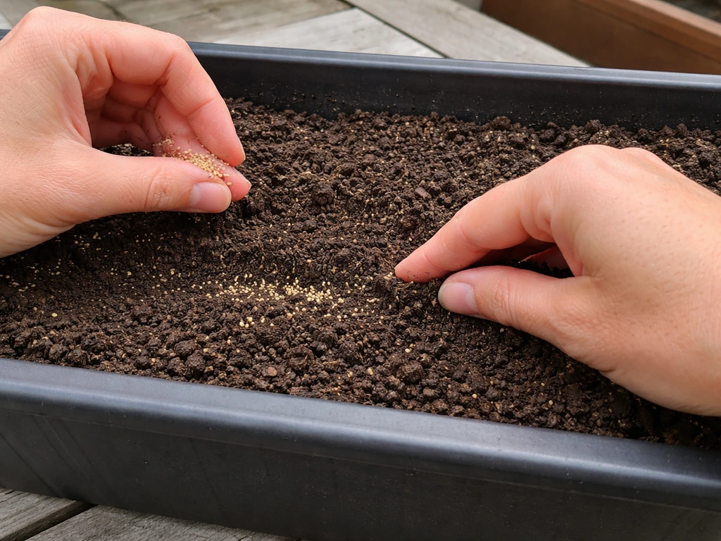Hands lightly covering tiny lettuce seeds with potting mix in a shallow planter box