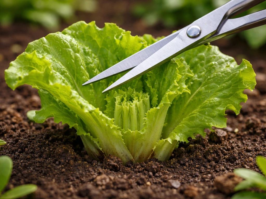 Clean scissors snipping outer lettuce leaves just above the crown in a simple garden bed.
