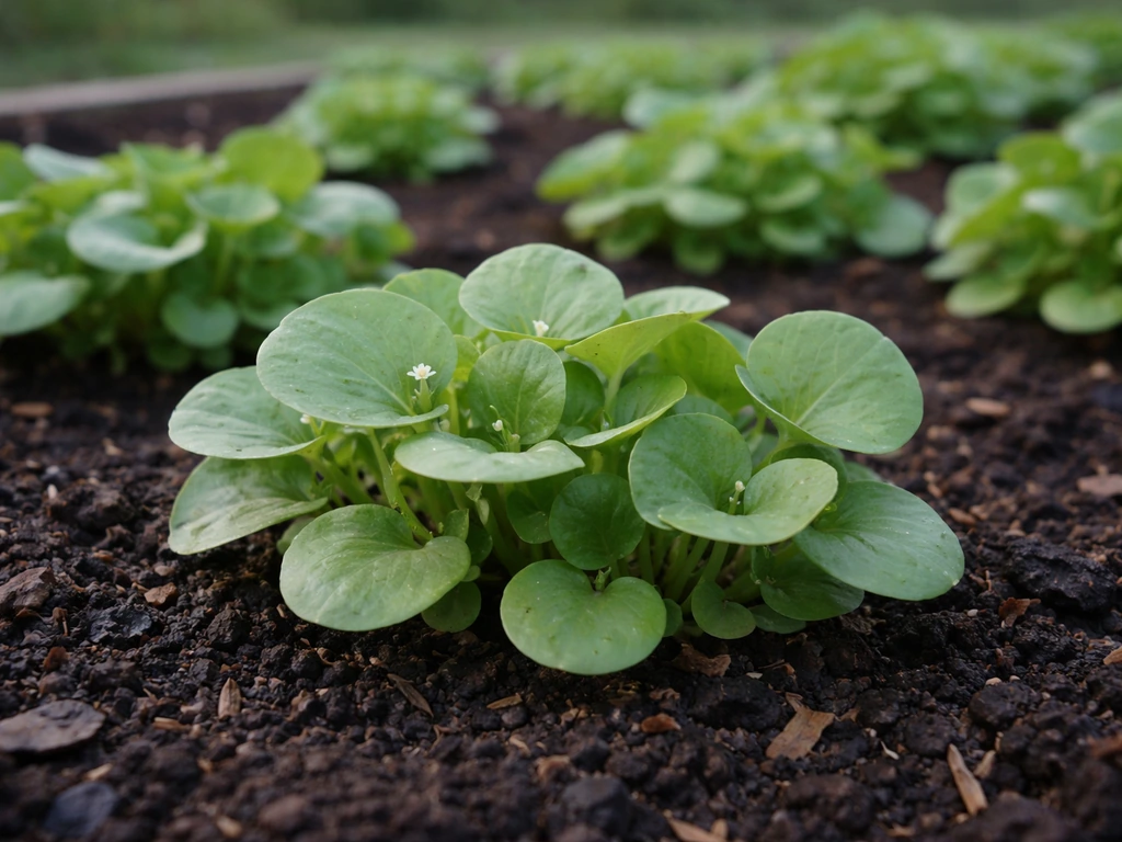 Close-up of fresh miner’s lettuce seedlings with round succulent leaves in a cool-season garden bed.
