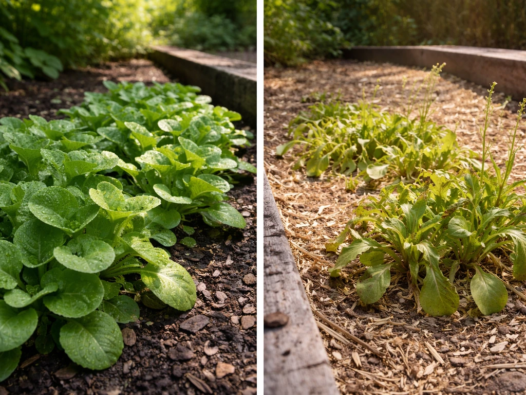 Split view of a cool, damp garden bed thriving with miner’s lettuce and a nearby hot, dry patch turning it to seed-ready