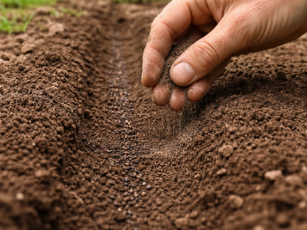 Hand sowing tiny miner’s lettuce seeds into moist soil, lightly covering to show shallow planting depth.