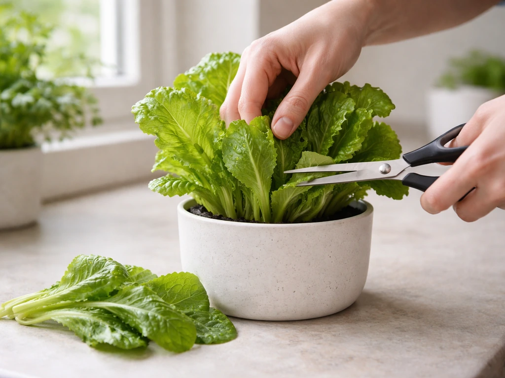 Hands snip outer leafy greens in a small indoor pot, leaving the center plant intact.