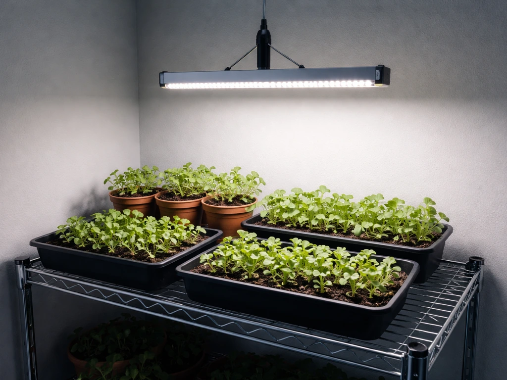 Miner’s lettuce seedlings in small pots under a full-spectrum LED grow light in a cool indoor room.