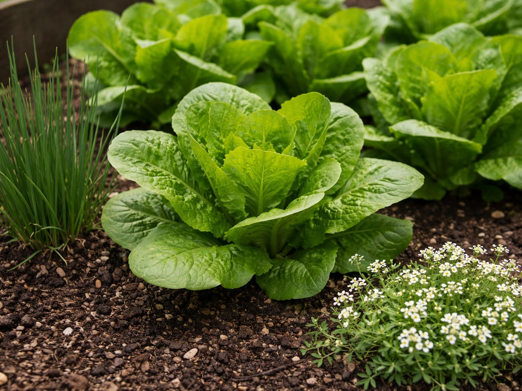 Close-up of romaine lettuce in a container with chives and small alyssum blossoms nearby.