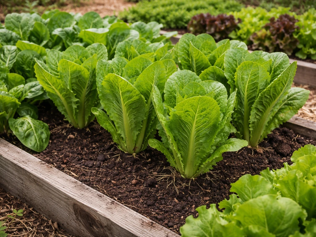 Romaine lettuce in a raised bed with tight spacing and nearby competing greens showing tricky companion growth