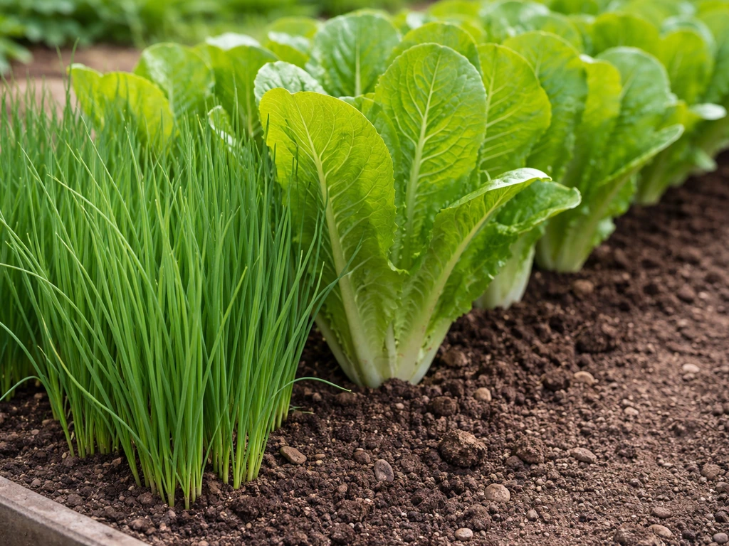 Close-up of short chive plants growing along a row edge beside romaine lettuce crowns in cool weather.