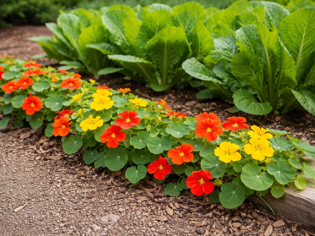 Compact nasturtiums in bloom along a bed edge next to romaine leaves in a simple garden border.