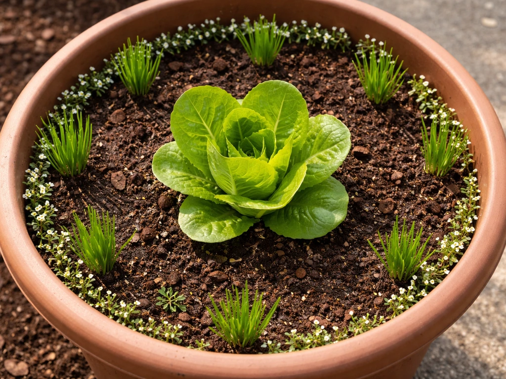 Top-down view of a pot with central romaine and chives plus alyssum ring near the edge.