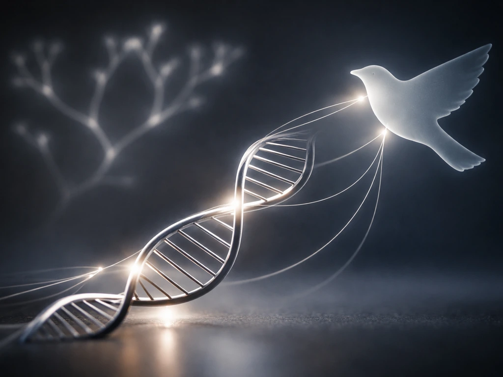 A glowing DNA helix connected to an abstract bird silhouette with soft branching evolutionary light behind it.