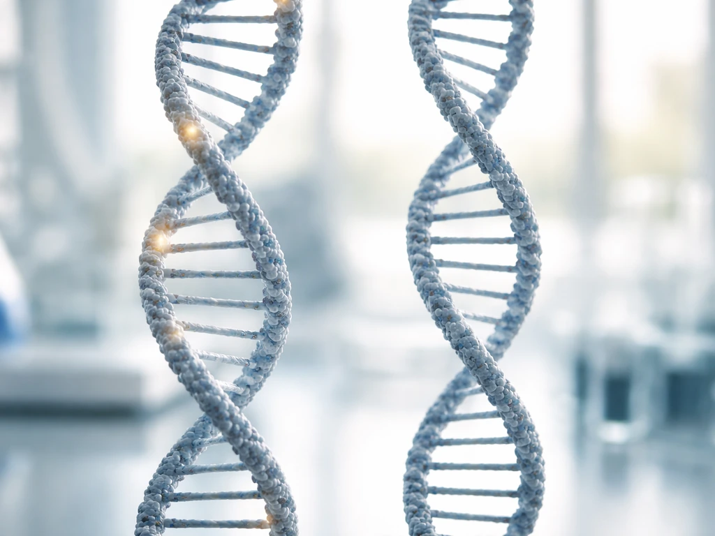 Close-up of two DNA strands in a lab with subtle difference markers between base pairs