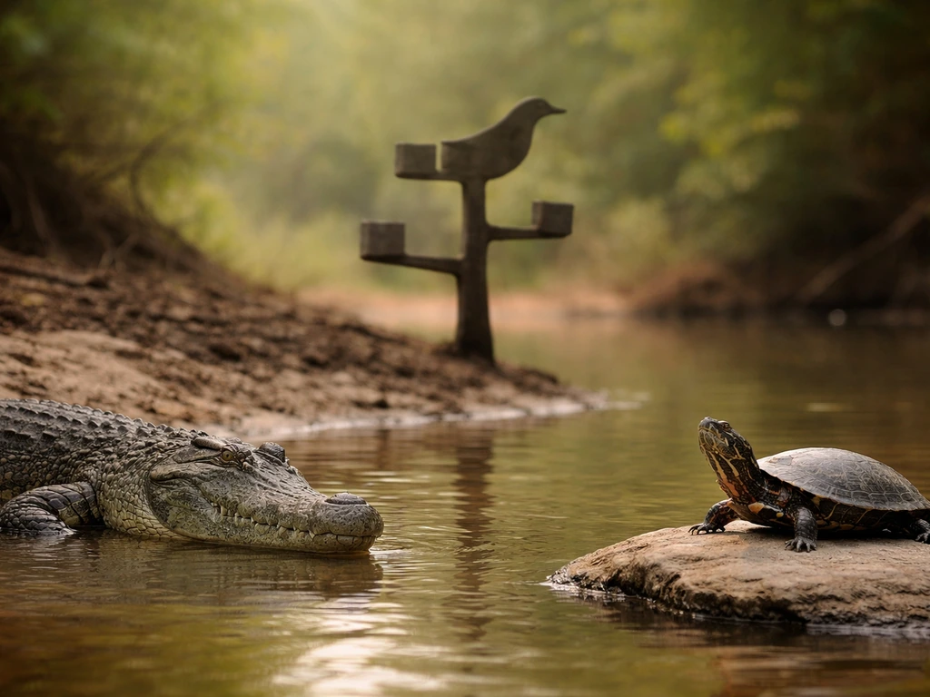 Crocodile and turtle at a riverbank with a blurred abstract clade-like silhouette suggesting birds.