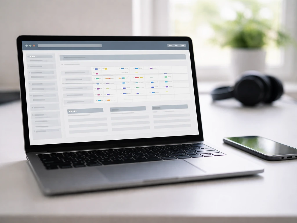 Minimal desk with laptop showing abstract online database panels for genetic similarity, no readable text.