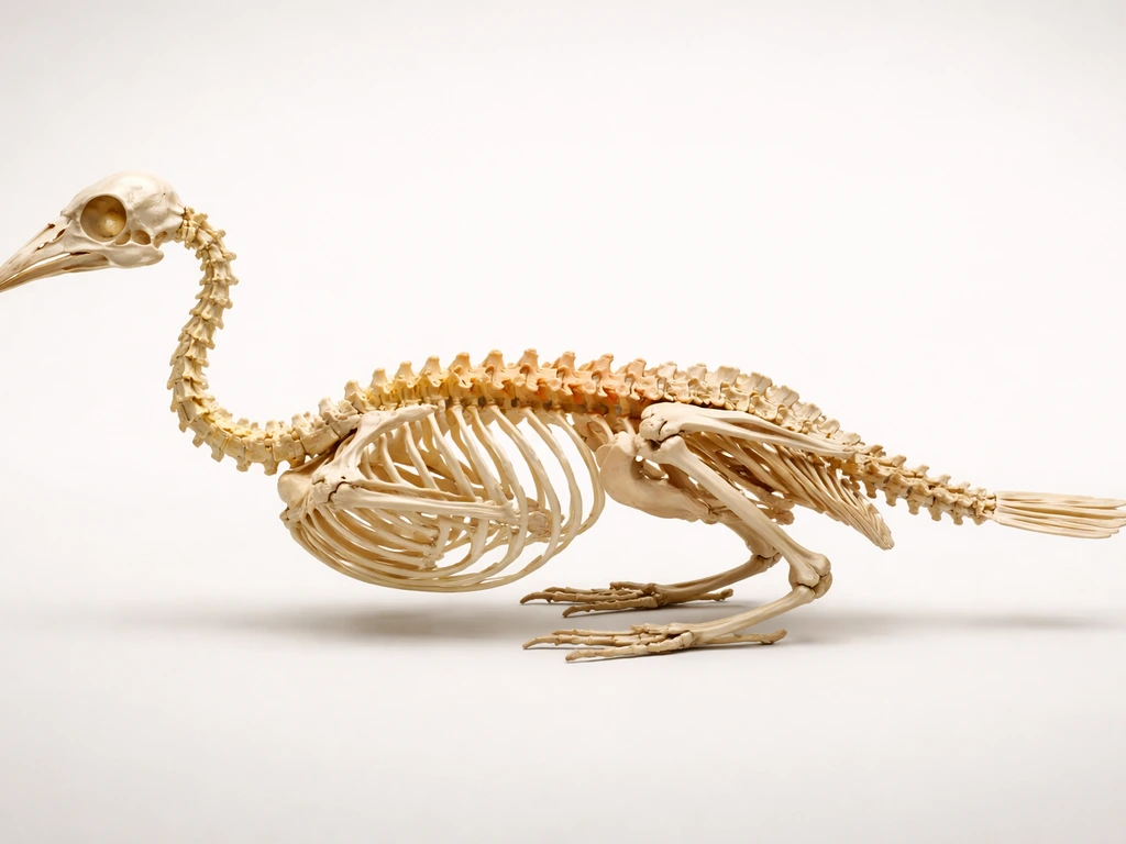 Articulated bird skeleton on neutral background with spine regions visually highlighted, no text.