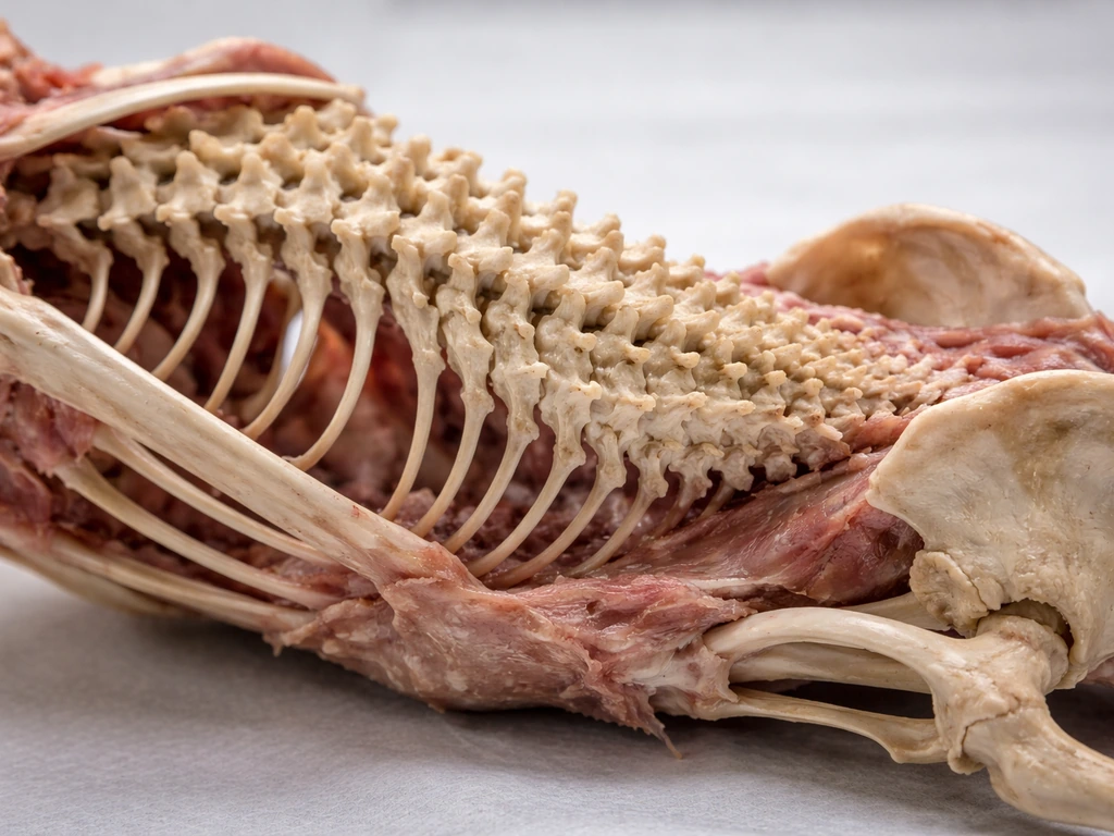Close-up side view of a bird’s fused synsacrum showing a rigid spine mid-back to hips for flight.