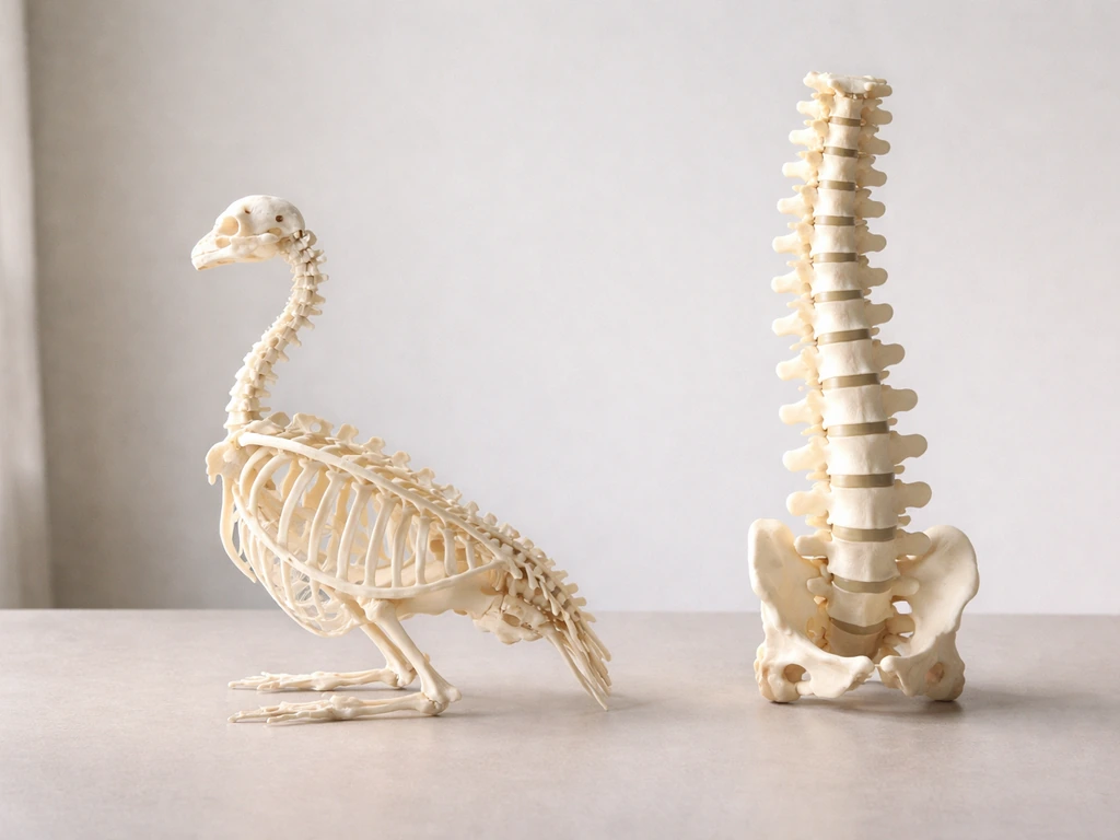 Minimal studio photo of a bird ribcage and spine model beside a mammal vertebral column model