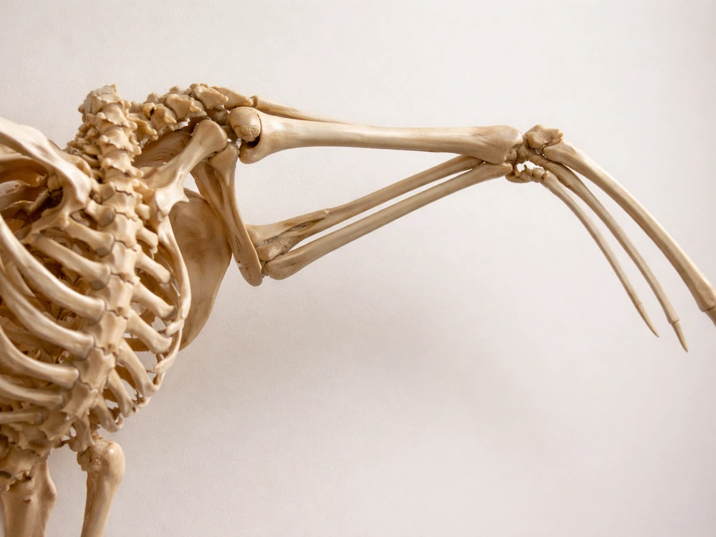 Realistic bird wing skeleton connected to torso area, showing forelimb bones and specialized spine connection