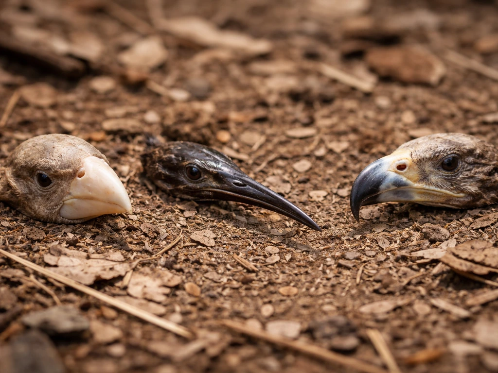 Close-up of three different bird beaks side by side, showing shapes suited for seeds, probing, and tearing.