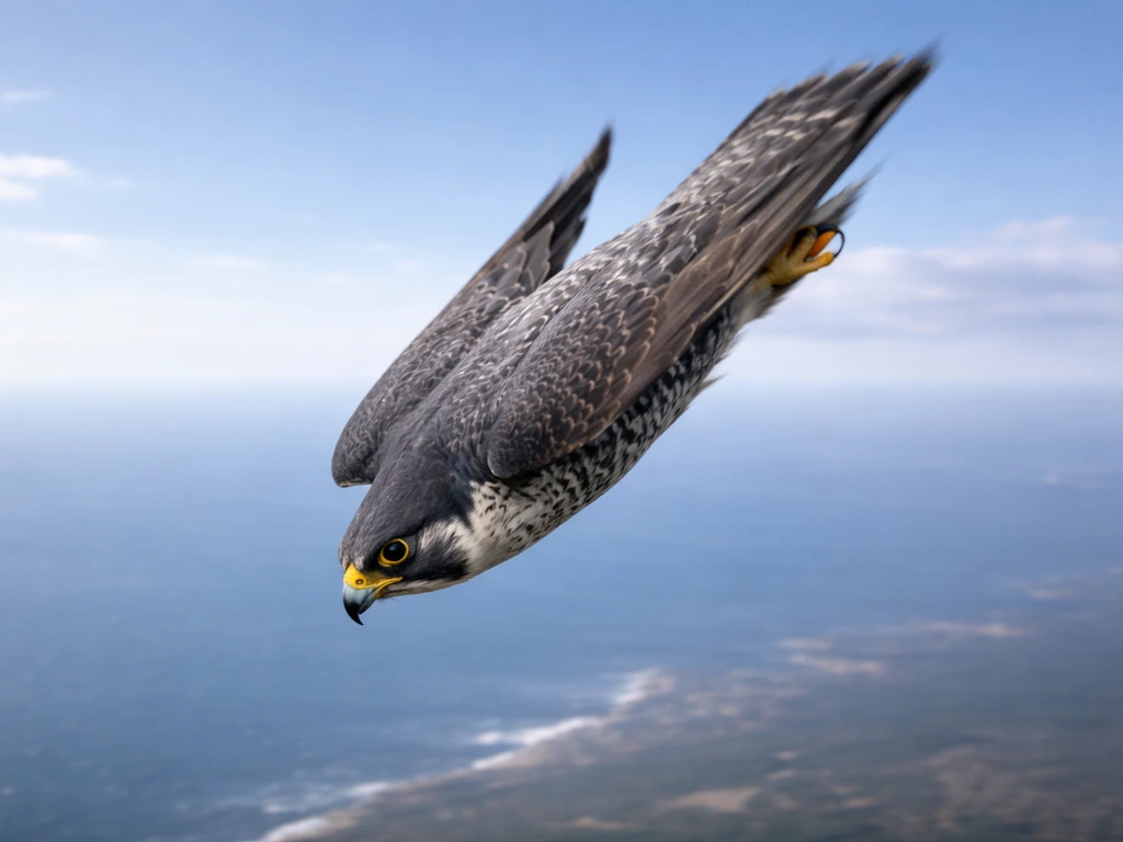Peregrine falcon diving in a dramatic stoop with wings tucked against a clear sky and horizon.