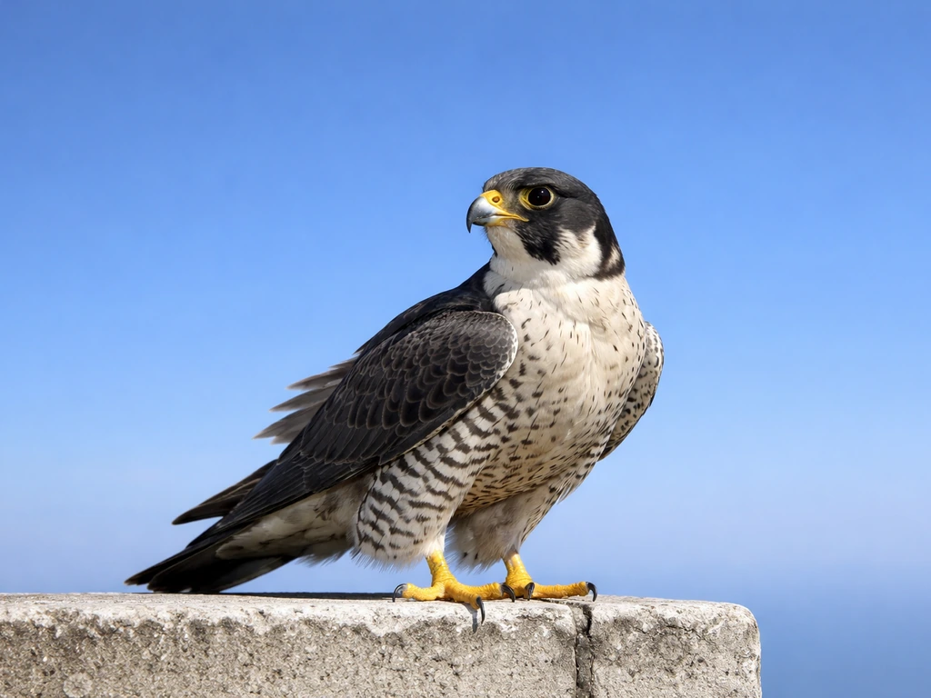 Peregrine falcon on a rooftop ledge with open sky, suggesting normal cruising speed ranges without text.