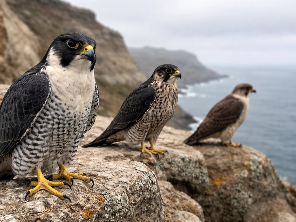 Peregrine and other falcons perched on rocky ledge with peregrine in sharp focus, overcast sky.