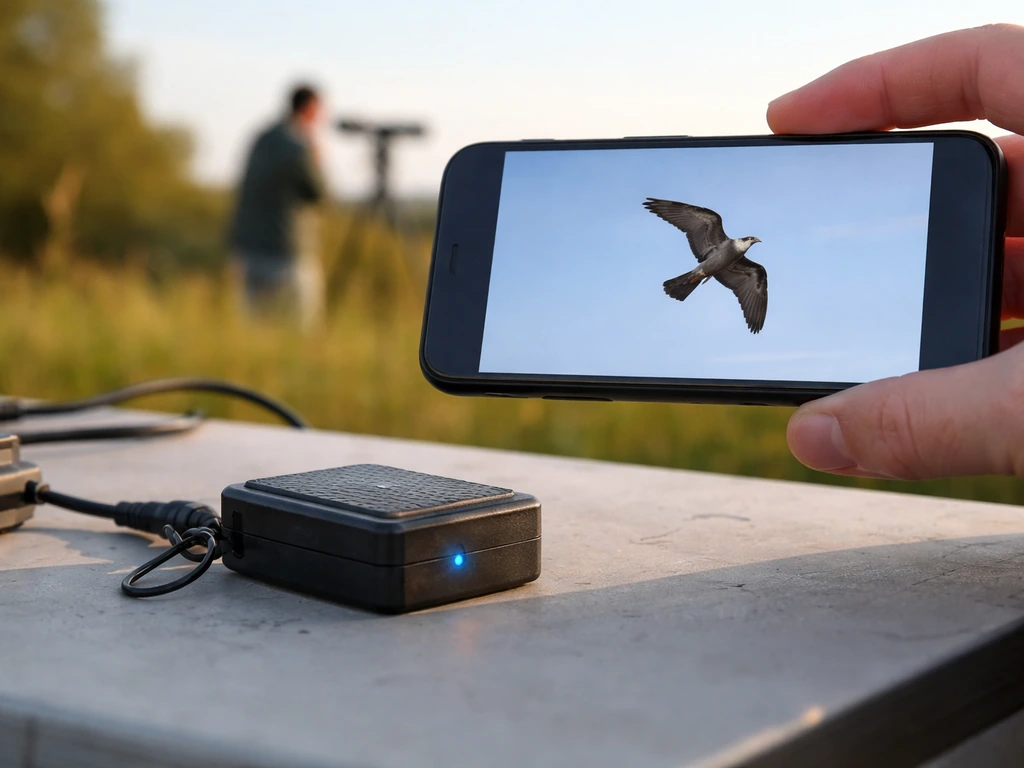 GPS data logger on a field table with a phone showing an out-of-focus bird-in-flight video frame.