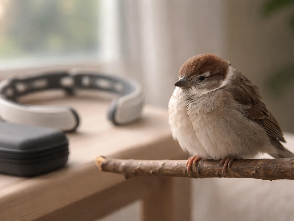 A small bird perched at rest with an EEG-style headband nearby, suggesting brain-activity during sleep.