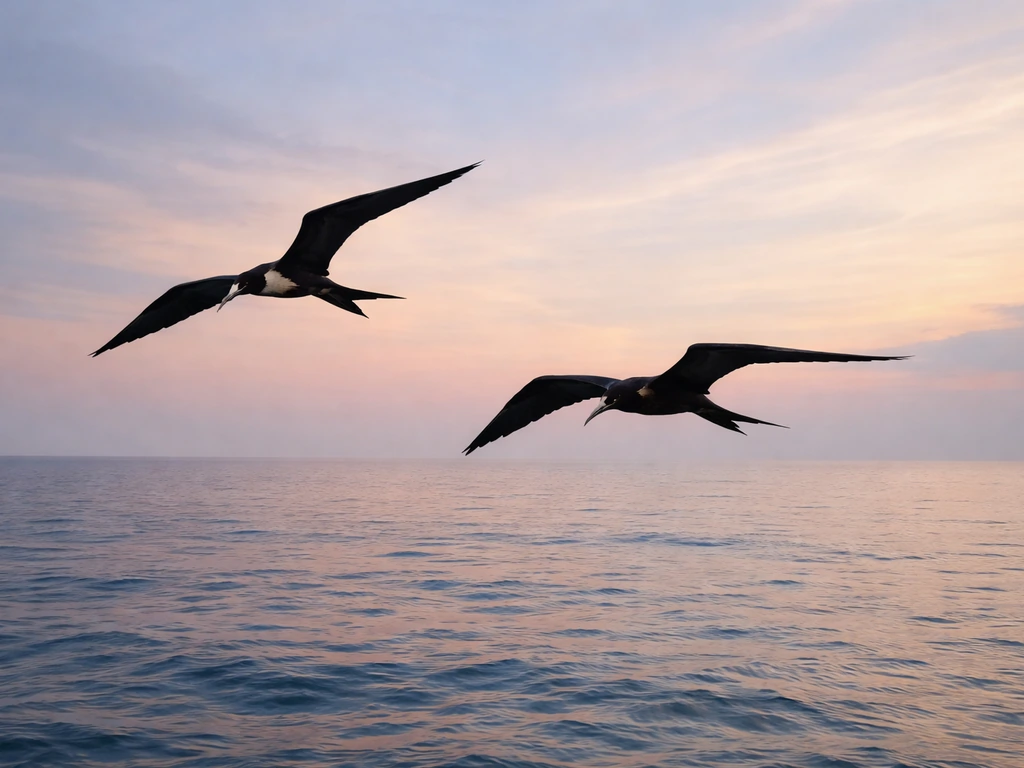 Frigatebirds gliding high over the ocean at dusk, one bird partially tucked as if resting mid-flight