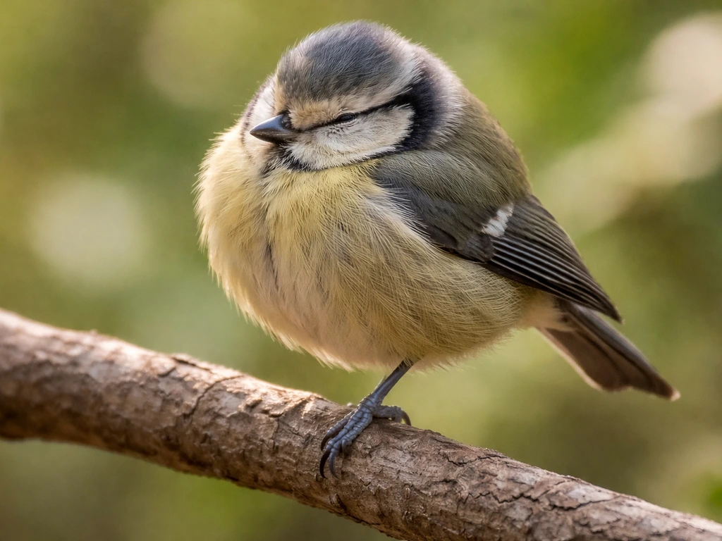 Small bird sleeping on one leg atop a branch, other leg tucked against its body