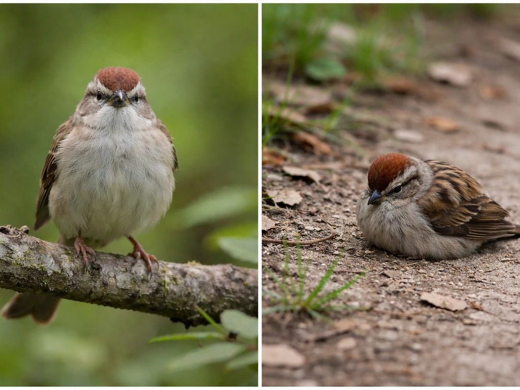 Split scene of an alert perched bird versus a still, unresponsive bird sitting on open ground.