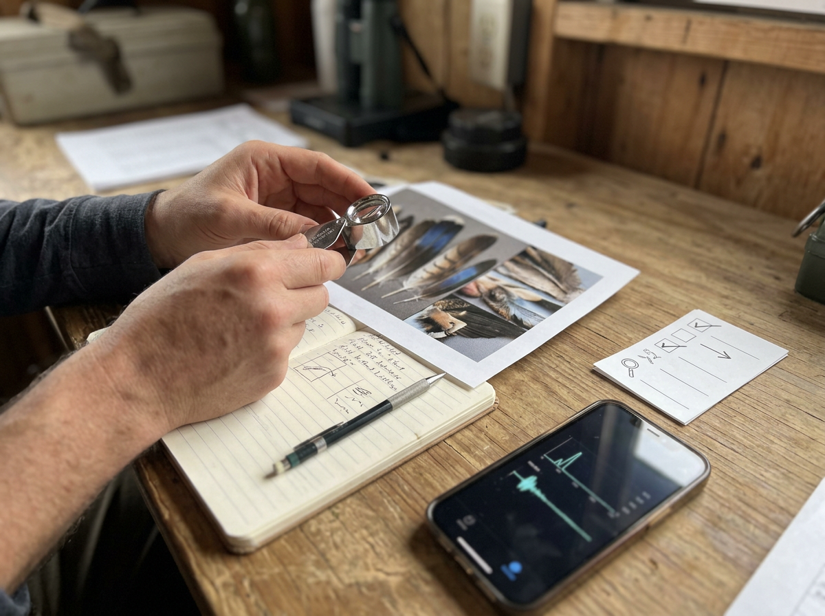 Before-and-after comparison of a feather patch in visible light vs UV-bright output