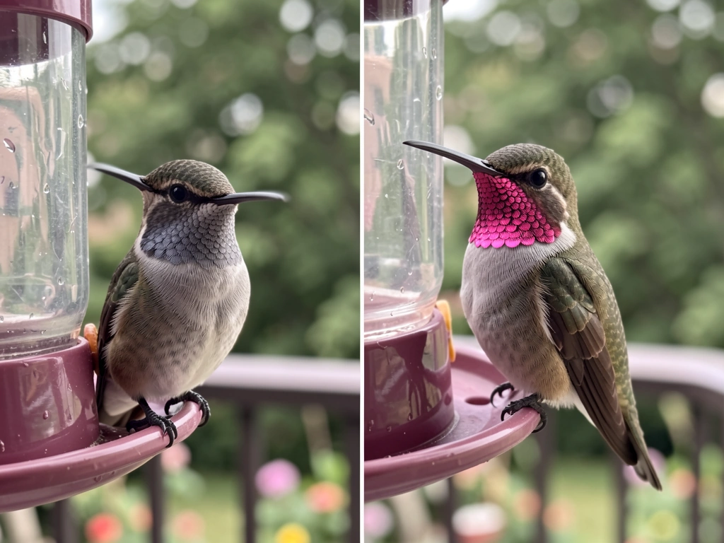 Anna’s hummingbird gorget appears gray then flares rose-magenta as angle to light changes