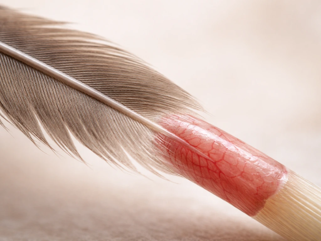 Macro close-up of a mature feather shaft beside a growing blood feather tip with distinct textures.