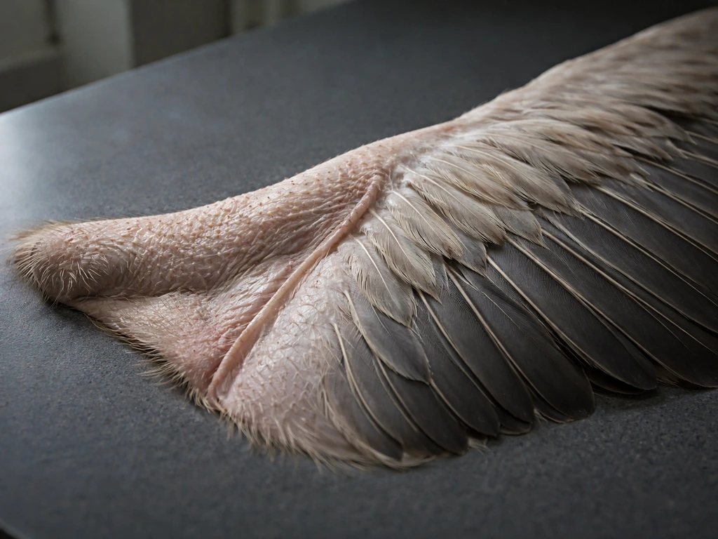 Close-up side view of a bird wing surface on a dark tabletop showing skin texture and joint crease line.