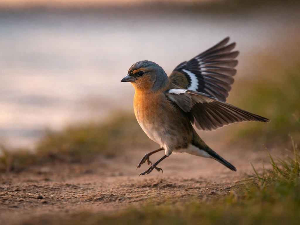 Small bird landing with wings partially flexed, showing wing control in motion against a blurred background.