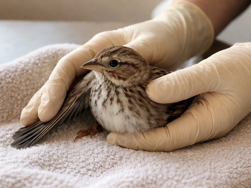Carefully held small bird with wings supported by gloved hands, showing safe wing-friendly observation posture.