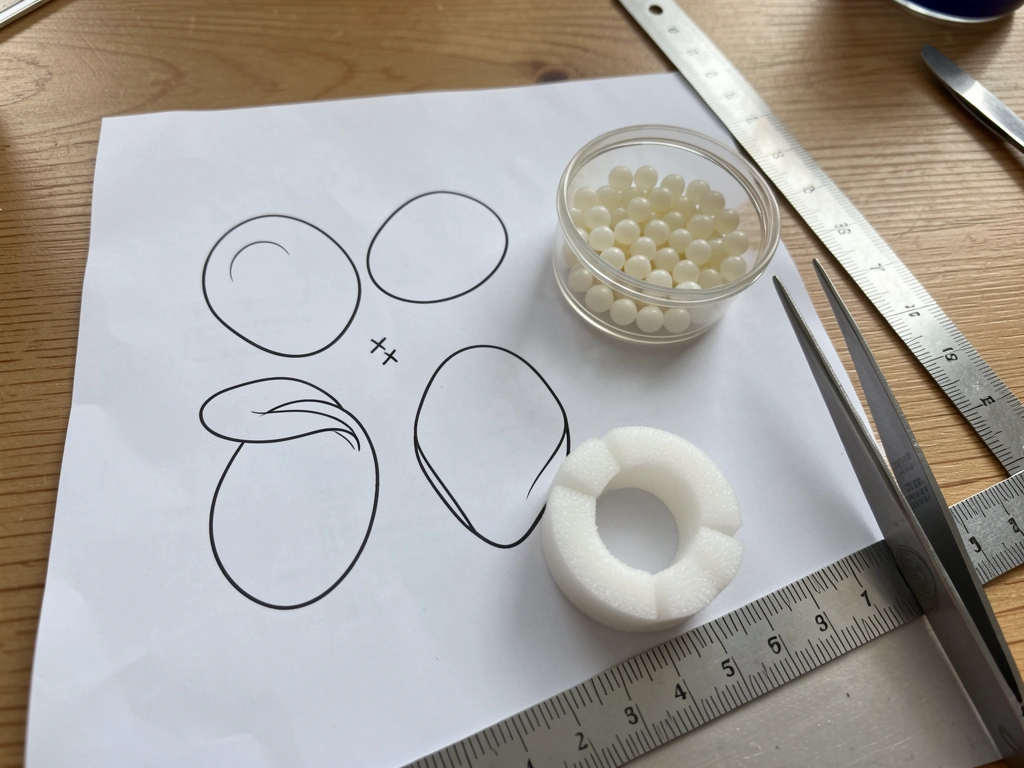 Lab bench setup illustrating evolutionary tradeoff: RBC shapes in labeled but text-free diagrams and charts.