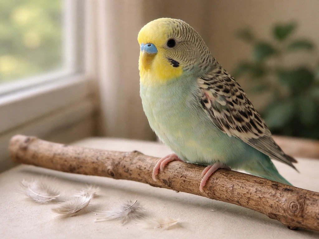 A calm small bird perched by a window with shed feathers nearby and new pin feathers visible.