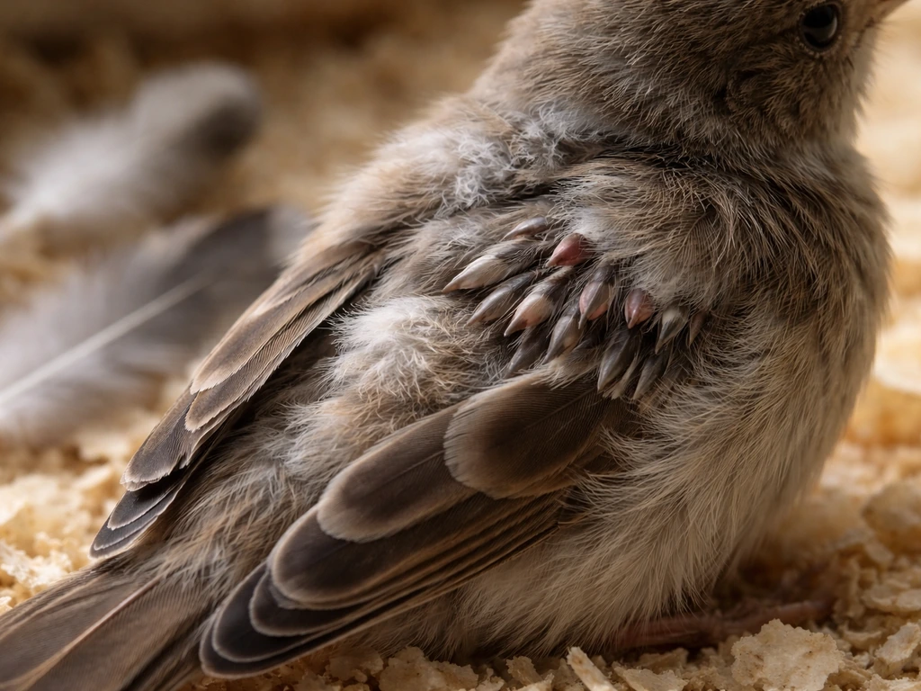 Close-up of a bird molting with emerging pin feathers and a few shed worn feathers in the background.