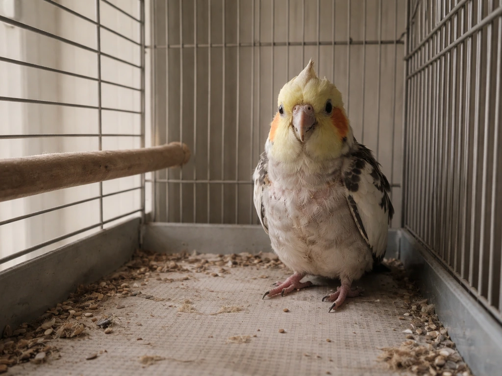 Pet bird with worn feathers beside an undersized, toy-sparse cage corner in soft natural light