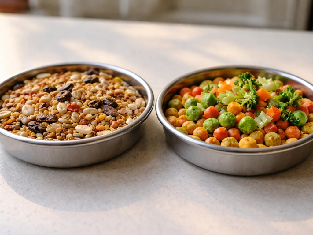 Close-up of bird food options side by side on a simple feeding surface, showing varied nutrition vs seed-only.