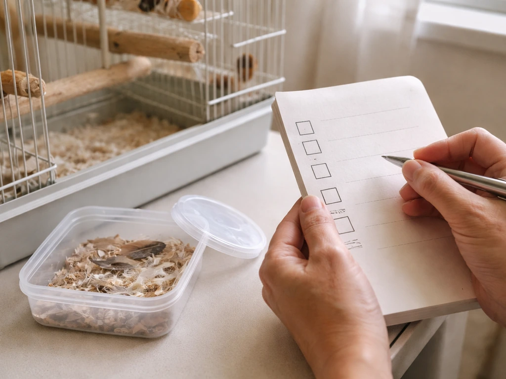 Caregiver holds an avian vet checklist beside a bird cage setup with bedding and a feather sample container.