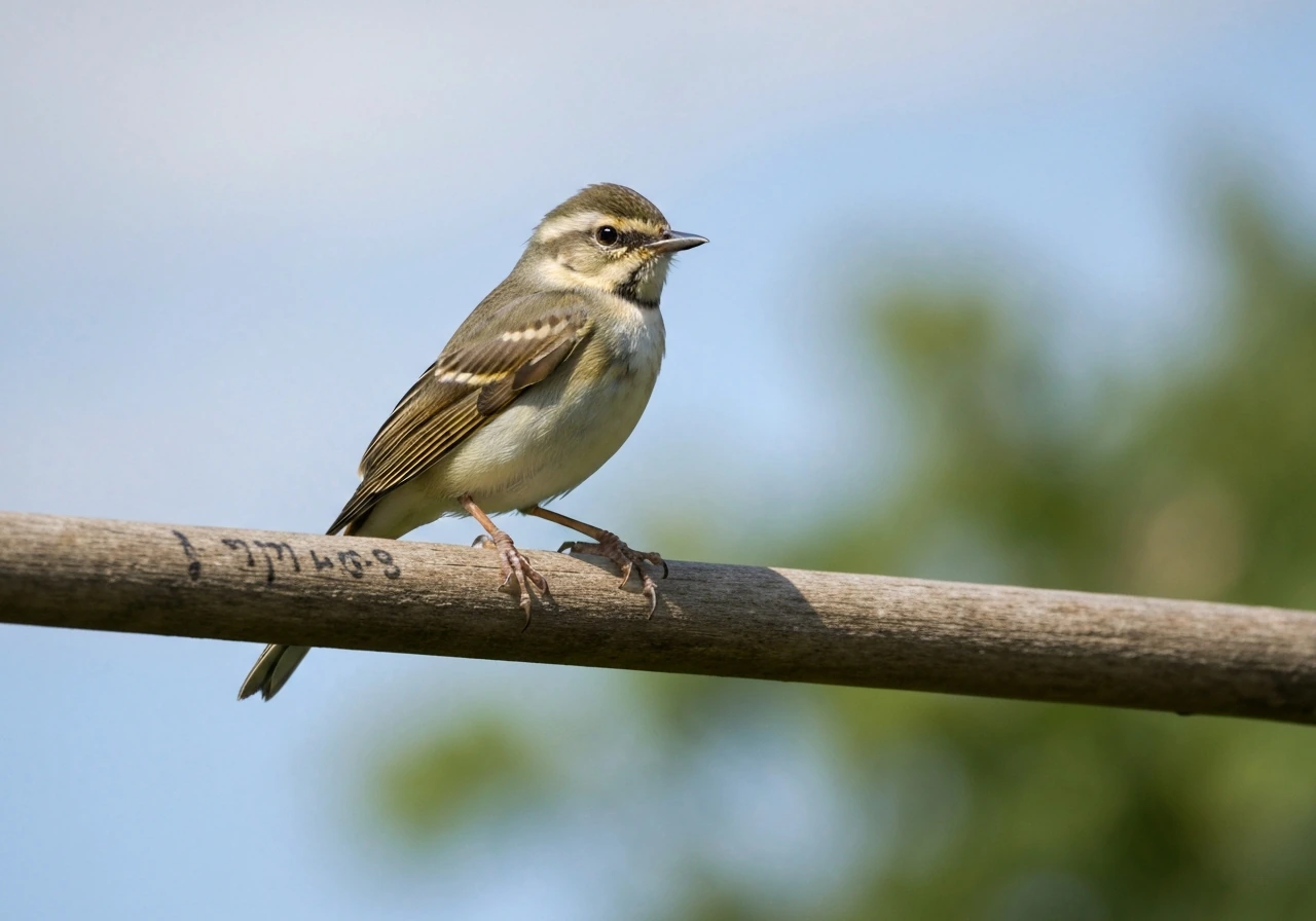 Small bird perched outdoors with wings folded, showing two legs and feet clearly under its body.