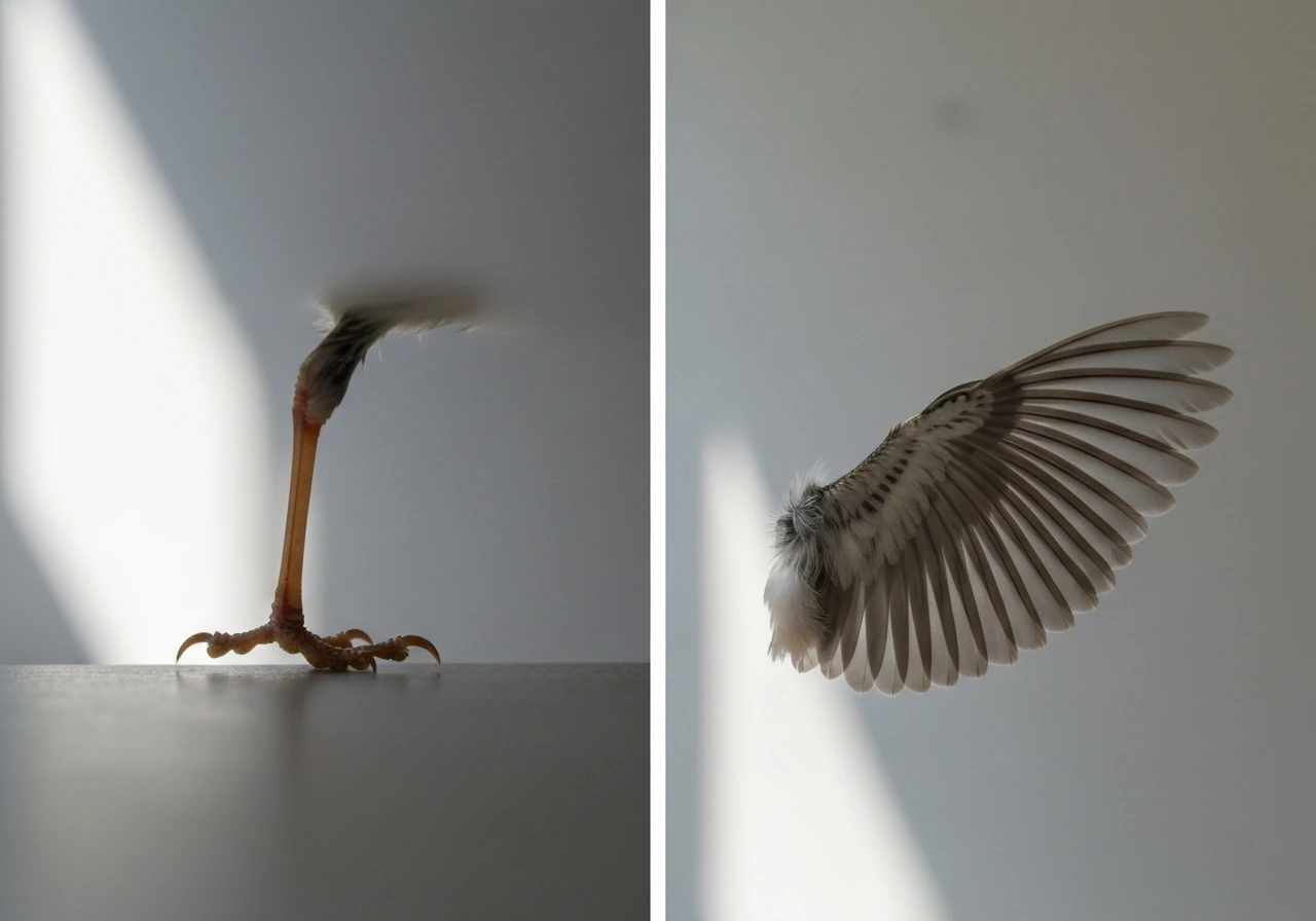 Close side-by-side photo of a bird’s hindlimb and wing limbs, showing wing isn’t counted as a leg.