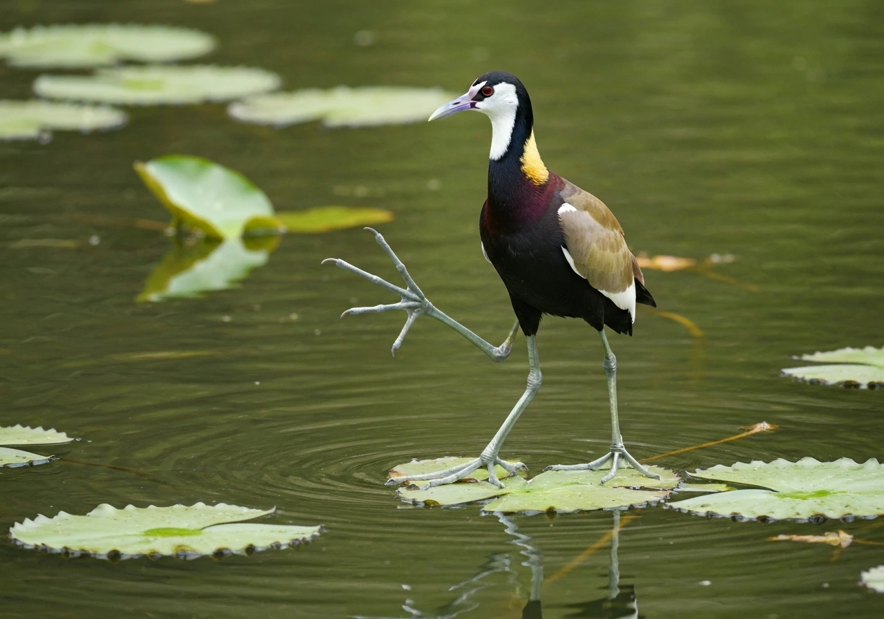Jacana waterbird with extremely long toes and claws standing on floating lily pads