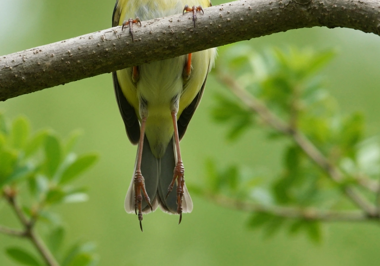 Small bird perched on a branch with legs visible under its body and wings folded at the sides