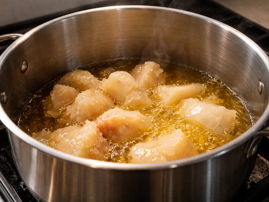 Golden emu fat melting in a stainless rendering pot during the start of oil extraction.