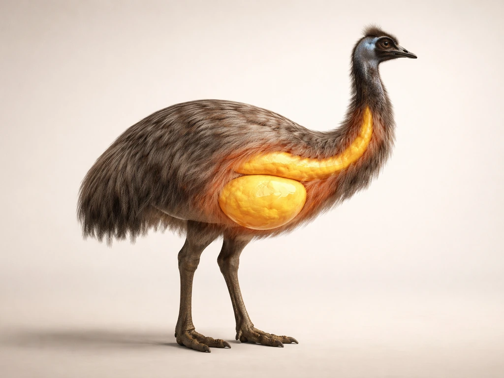 Profile emu with subtly highlighted subcutaneous and abdominal fat depots on a clean background.