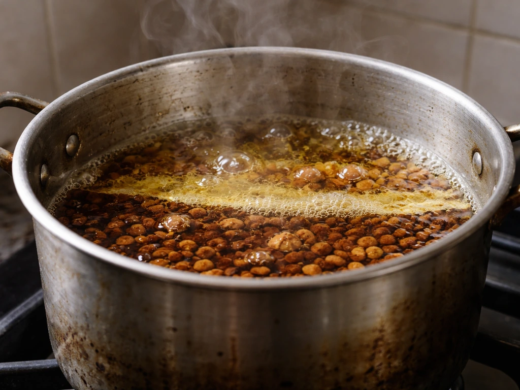 Close-up of a pot where golden oil separates from solids during heated rendering, with steam rising.