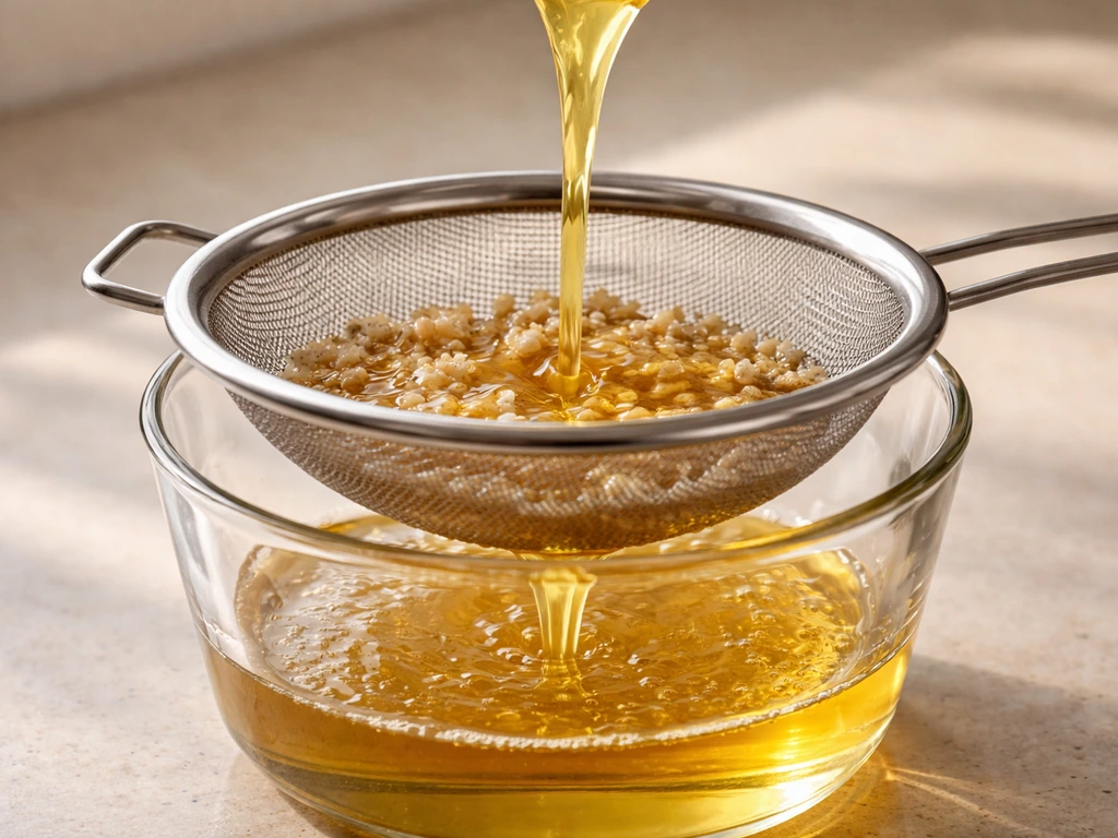 Rendered fat mixture poured through a metal mesh strainer into a clean container, solids left behind.